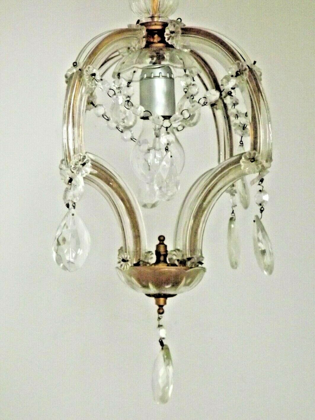 French vintage single light metal glass & acrylic crystal cage chandelier 3152