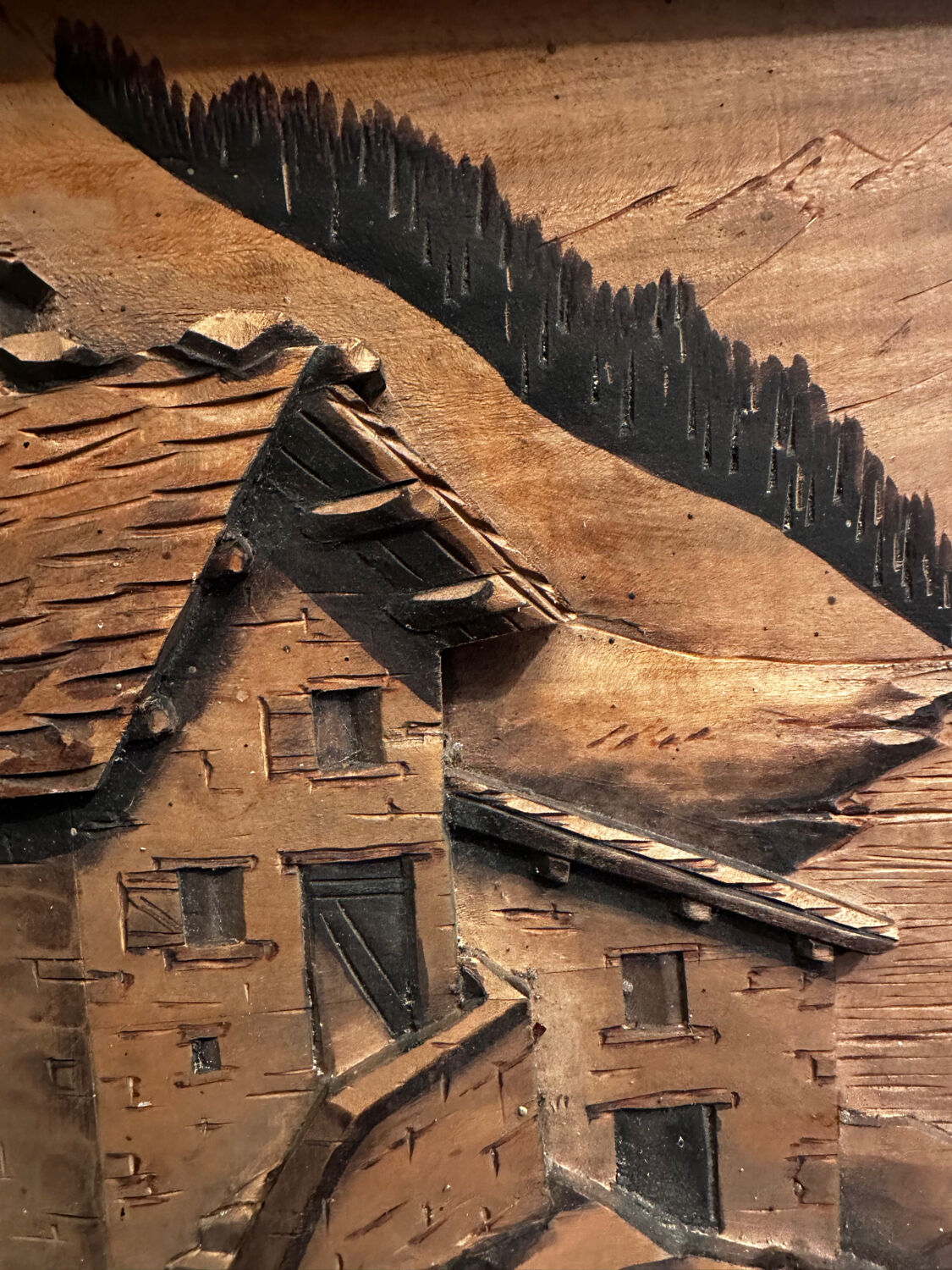 Tableau Alpin vintage années 50 - Sculpté et Pyrogravé - Ambiance Chal