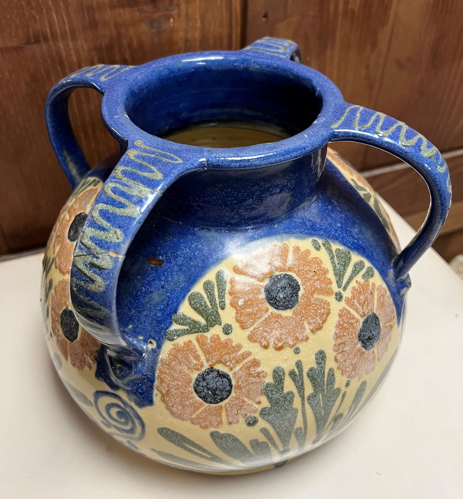 large glazed terracotta vase with 4 handles signed Léon Elchinger (1871-1942)