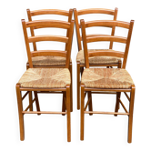 4 solid wood kitchen chairs with rush seats, ladder back, 1980s.