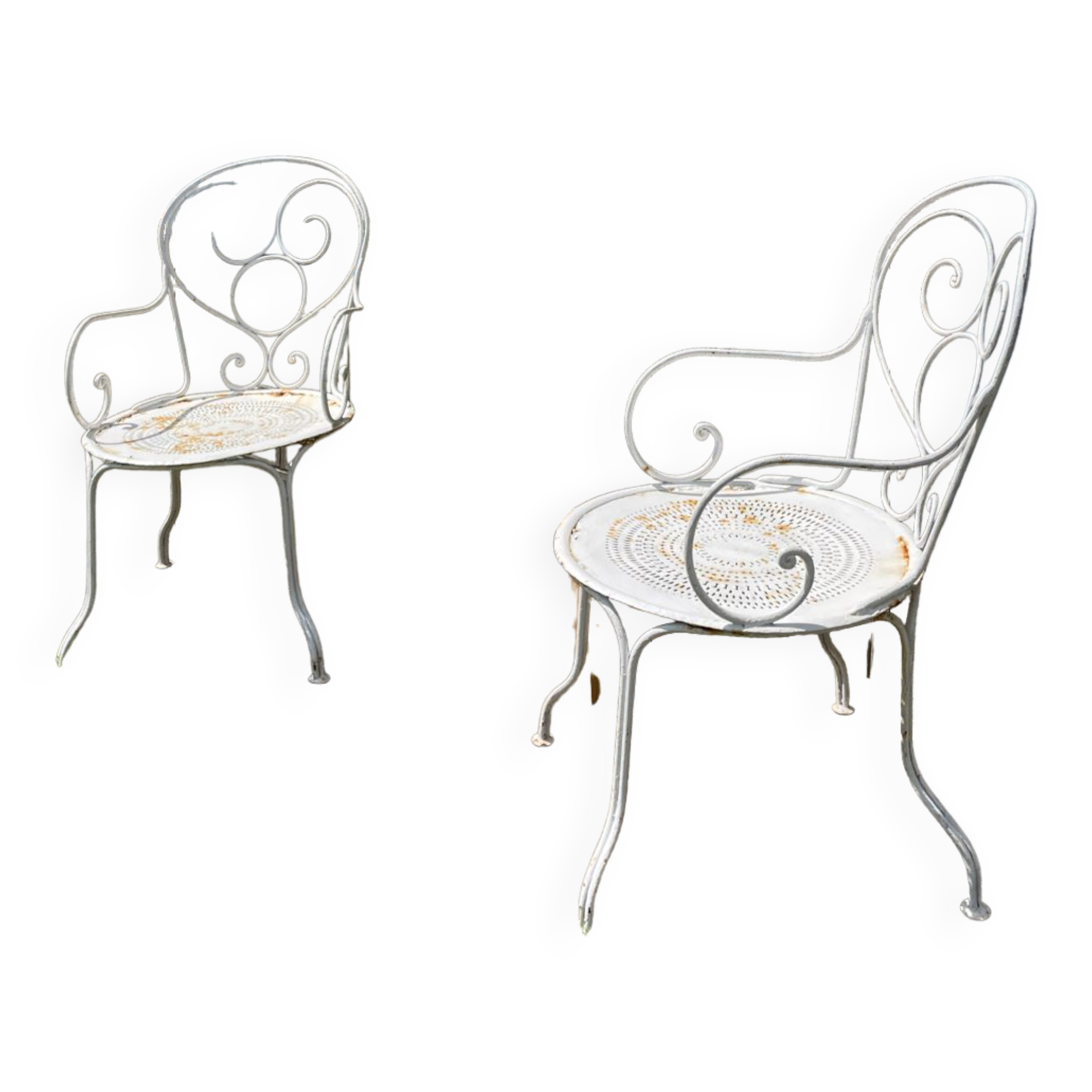 Duo of wrought iron armchairs