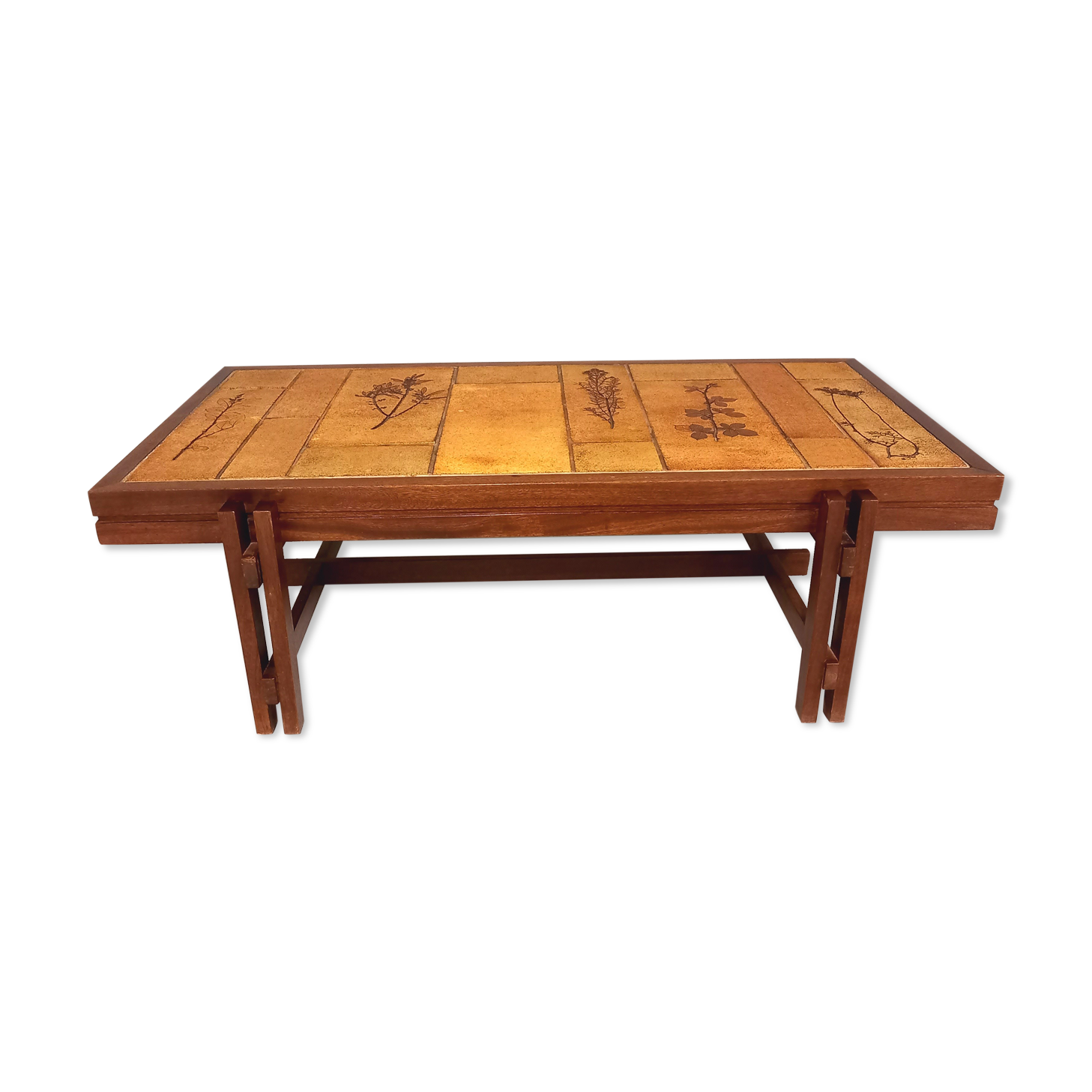 Vintage coffee table in wood and ceramics of Vallauris 60s 70s