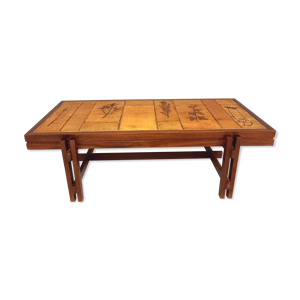 Table basse vintage en bois et céramique de vallauris années 60 70