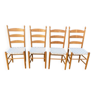 Set de 4 chaises dossier échelonné et assise tissée en coton blanc