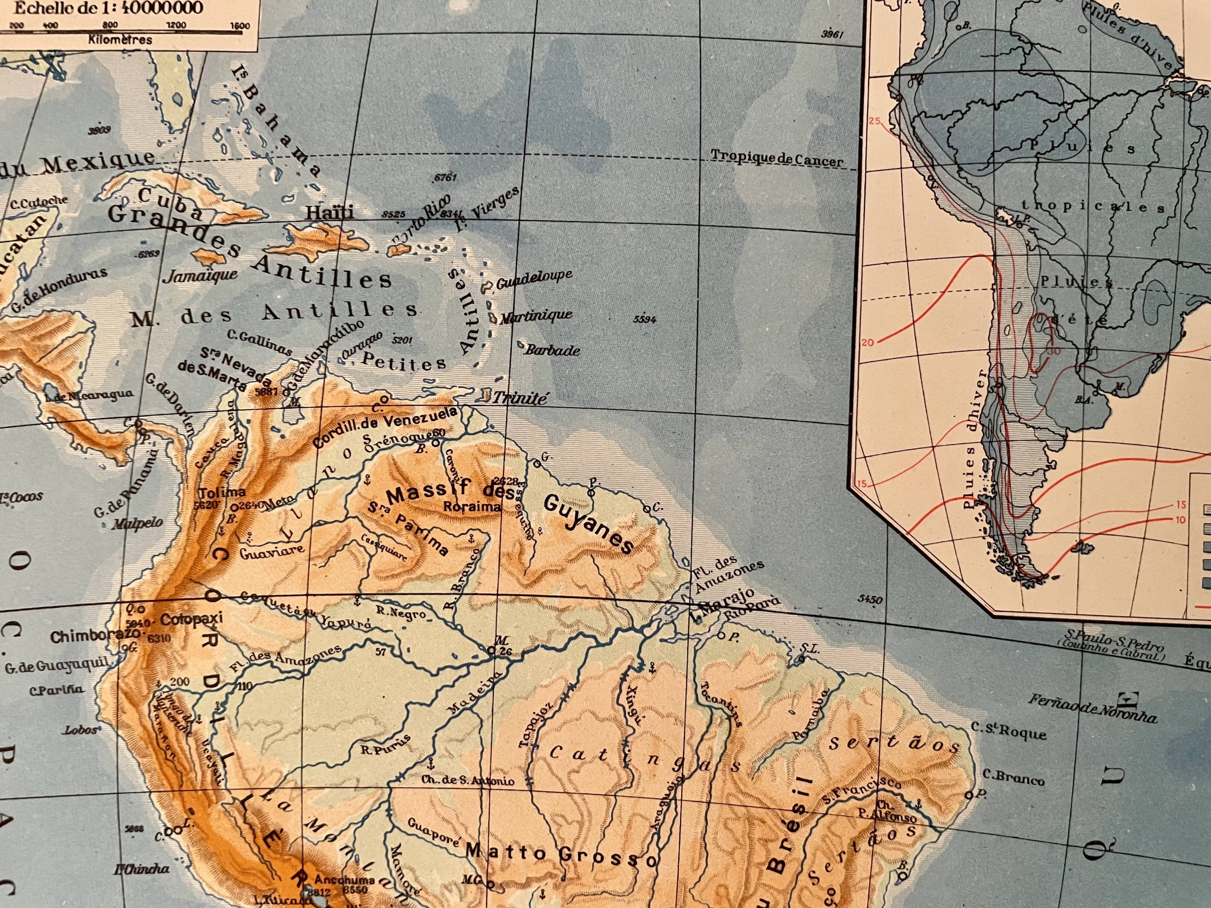 Ancienne carte d'Amérique du Sud (physique) - 1940