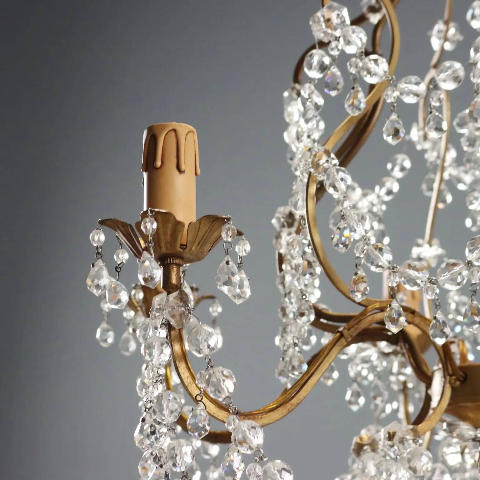Antique chandelier in gilded iron and metal, Italy, 20th century