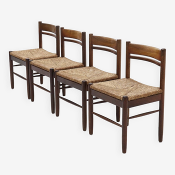 Set of 4 Solid Wengé and Rush Dining Chairs Belgium 1960s