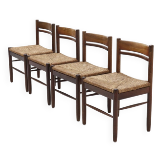 Set of 4 Solid Wengé and Rush Dining Chairs Belgium 1960s