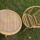 Set of children's rattan garden furniture from the 1950s and 1960s, including chairs, table, and bench.