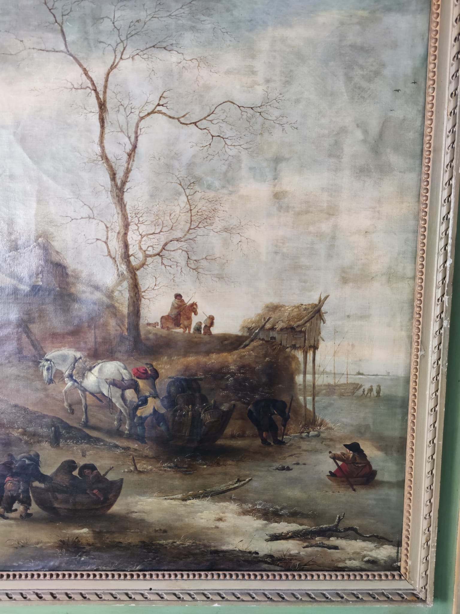 Trumeau en bois laqué vert avec un paysage hivernal animé h:1m79
