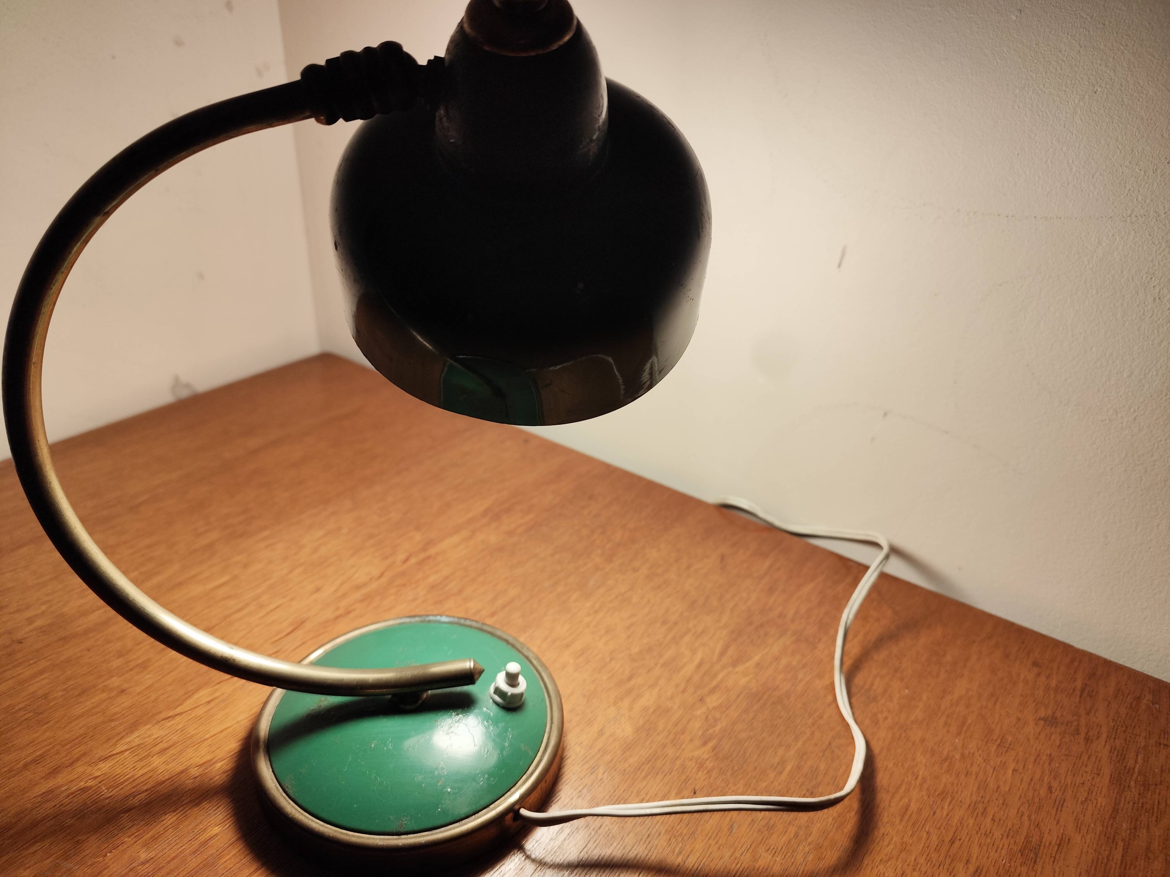 Vintage Scandinavian Art Deco desk lamp from the 40s, golden brass, retro, moon shape, swan neck