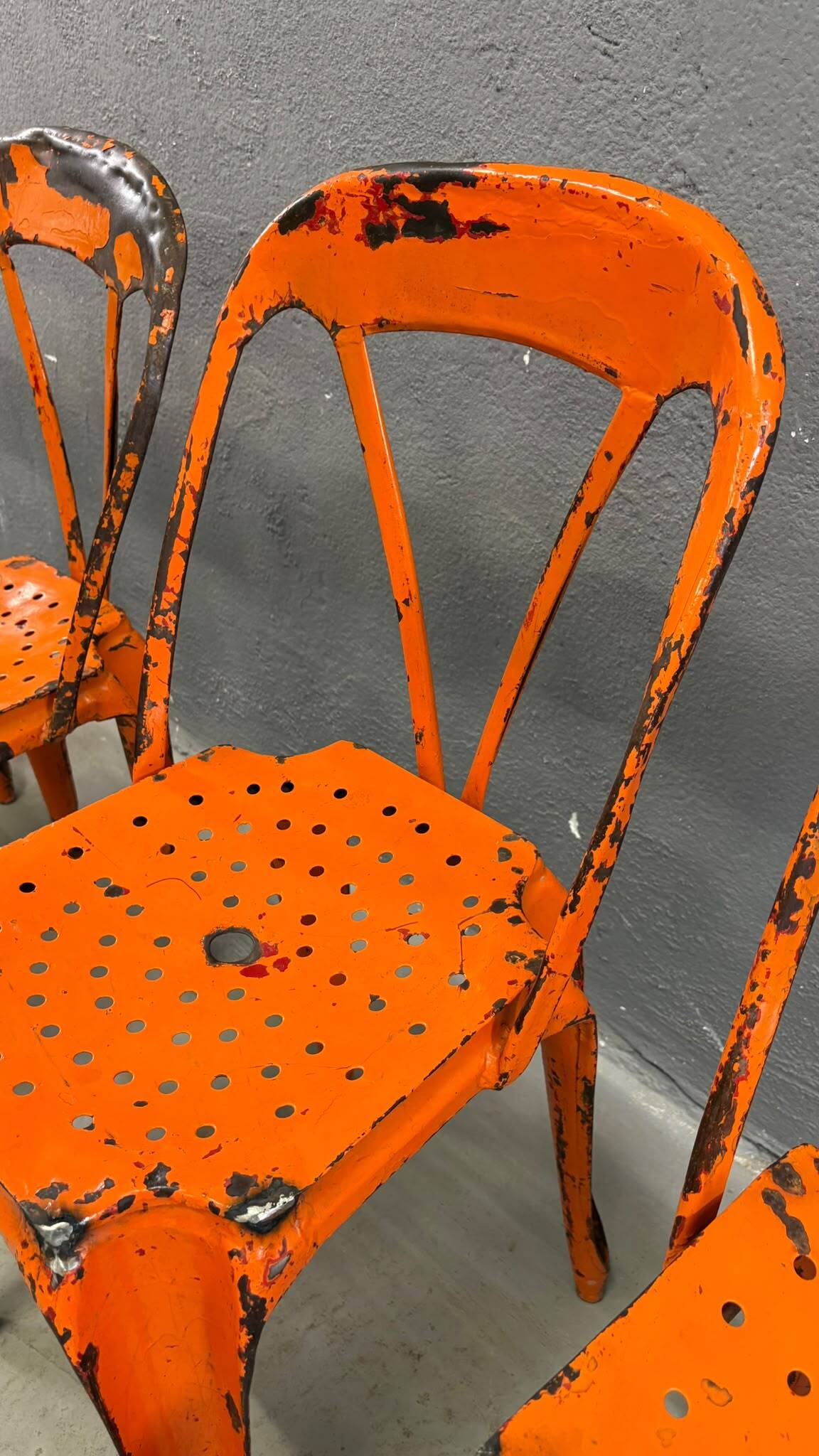 Set of four industrial metal dining chairs by Joseph Mathieu, painted steel, 1920s, France