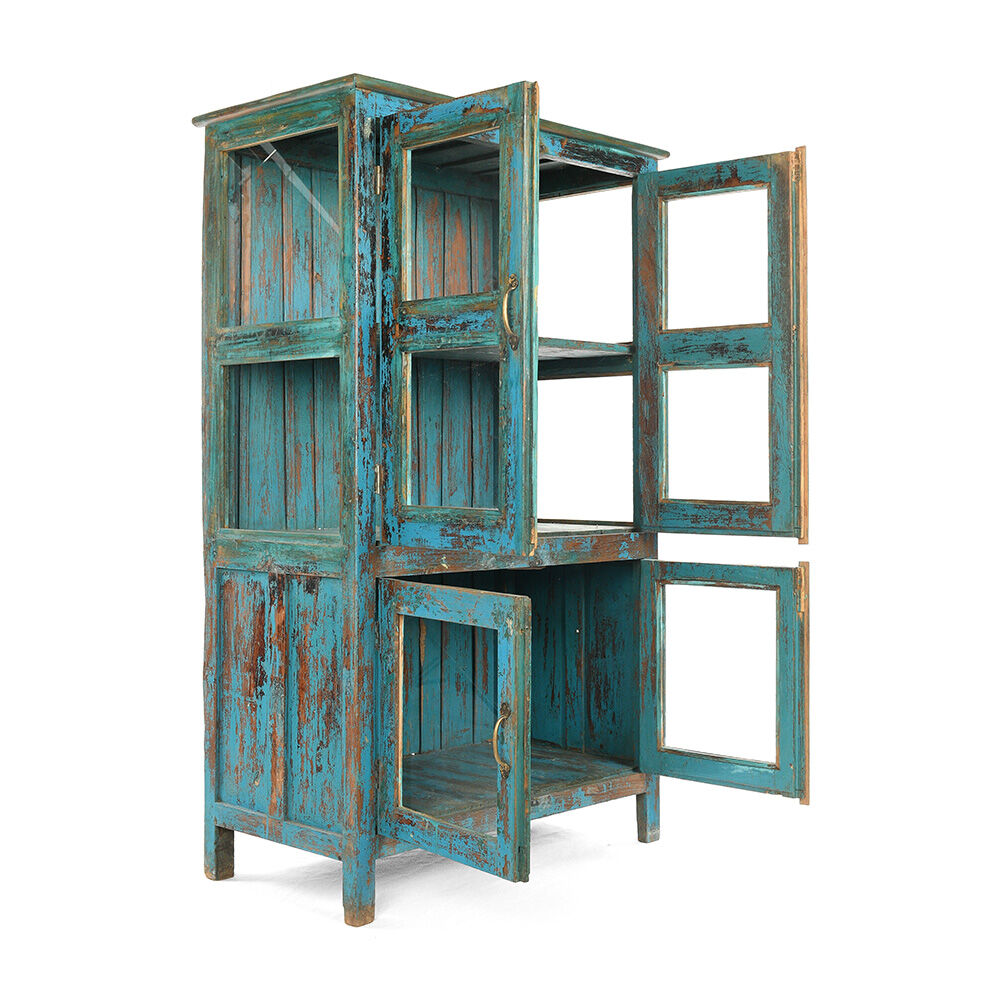 Wooden glass cabinet with blue patina