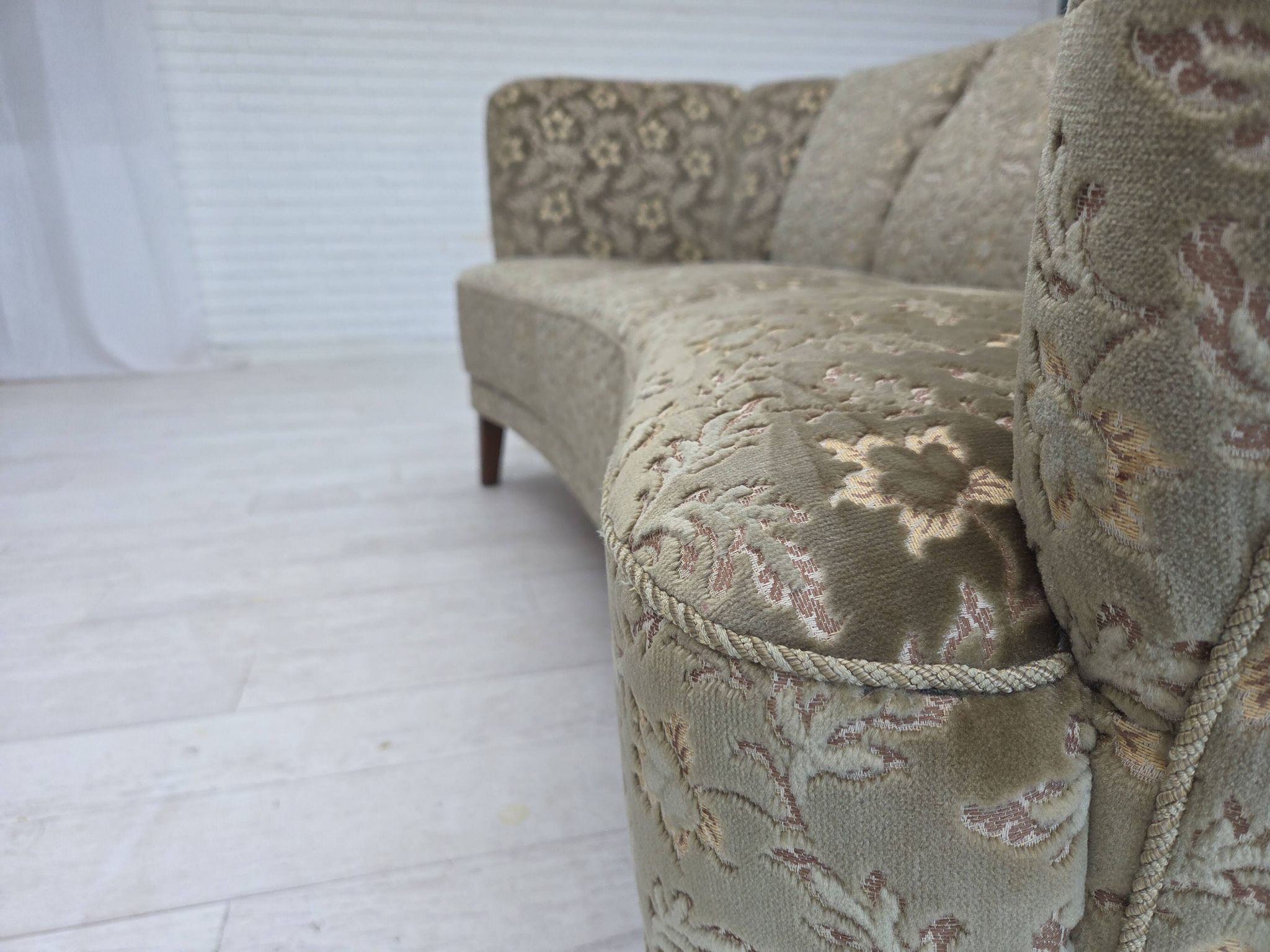 1960s, Danish 3-seater curved sofa, furniture velour, beech wood legs.