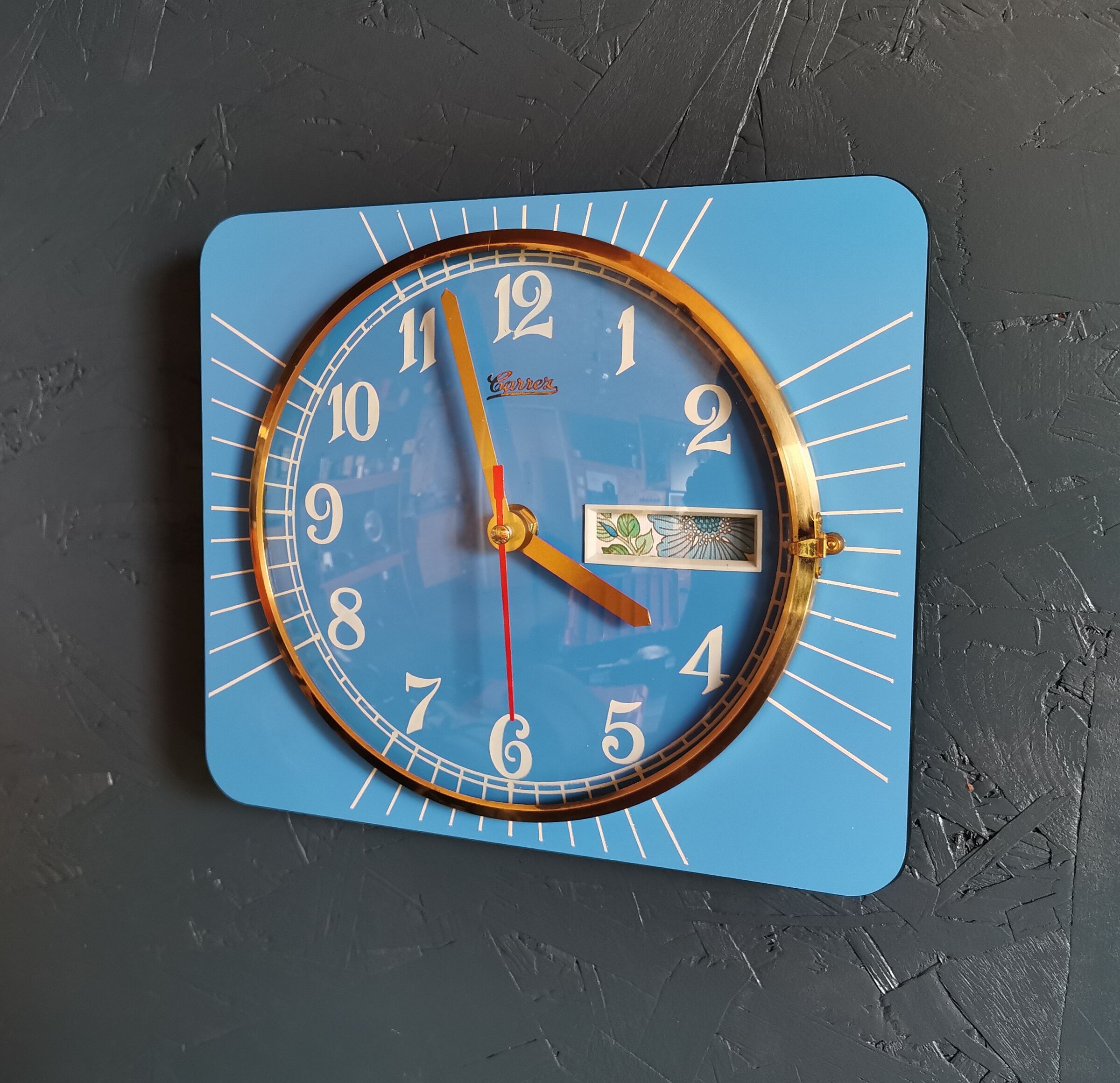 Vintage formica clock rectangular silent wall clock "Carrez blue"
