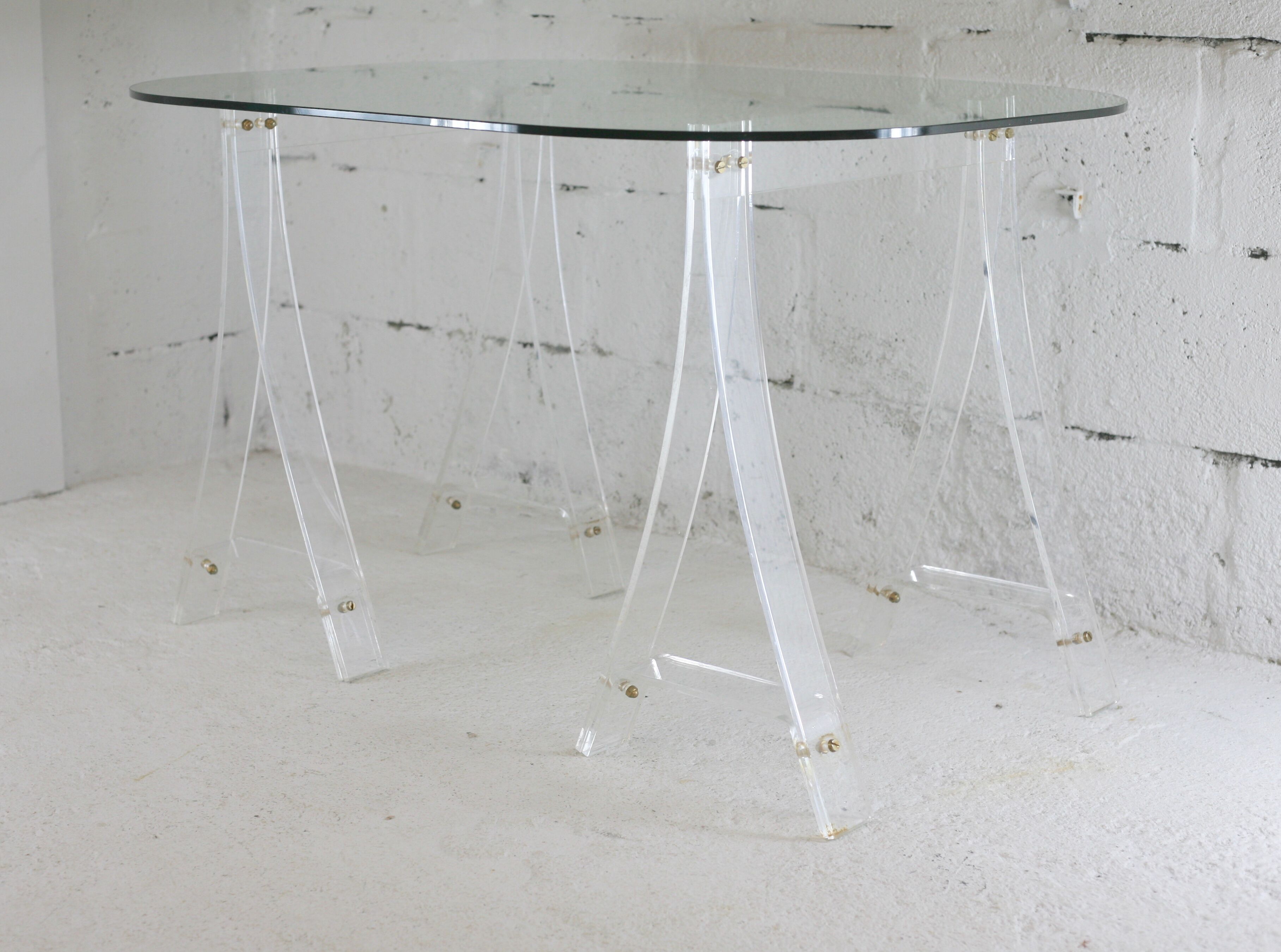 Office Plexiglas trestles, glass tray rounded edges, France, circa 1970