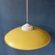 Danish mid-century suspension with opaline glass shade and yellow metal cover.