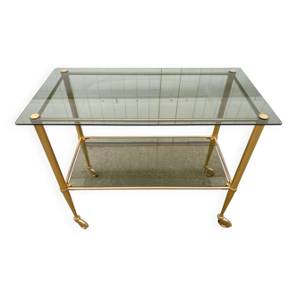 Desserte 2 plateaux vintage en verre fumé et métal doré