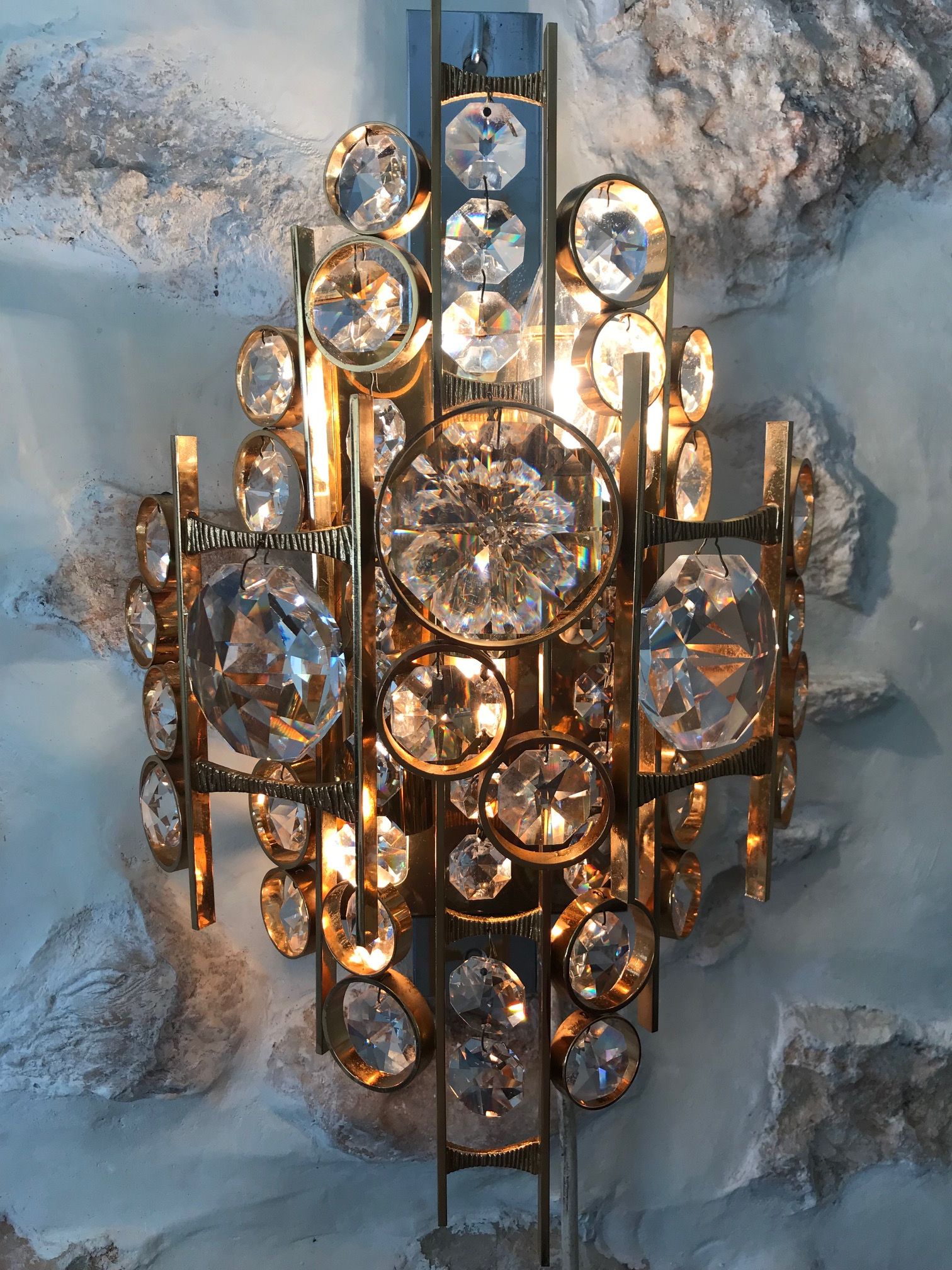 Pair of sconces Palwa in gold metal and Crystal 1960