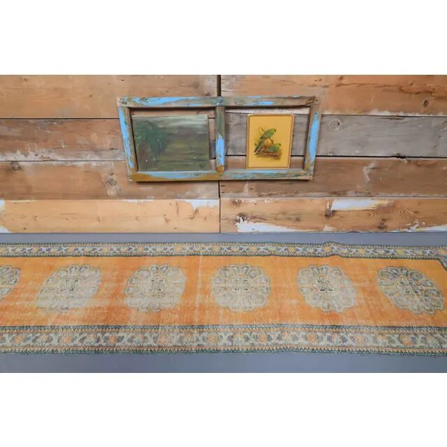 Vintage Turkish Oushak handmade wool cotton orange runner 78x305