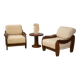 Brutalist pair of armchairs in mahogany and cream boucle 1970s.