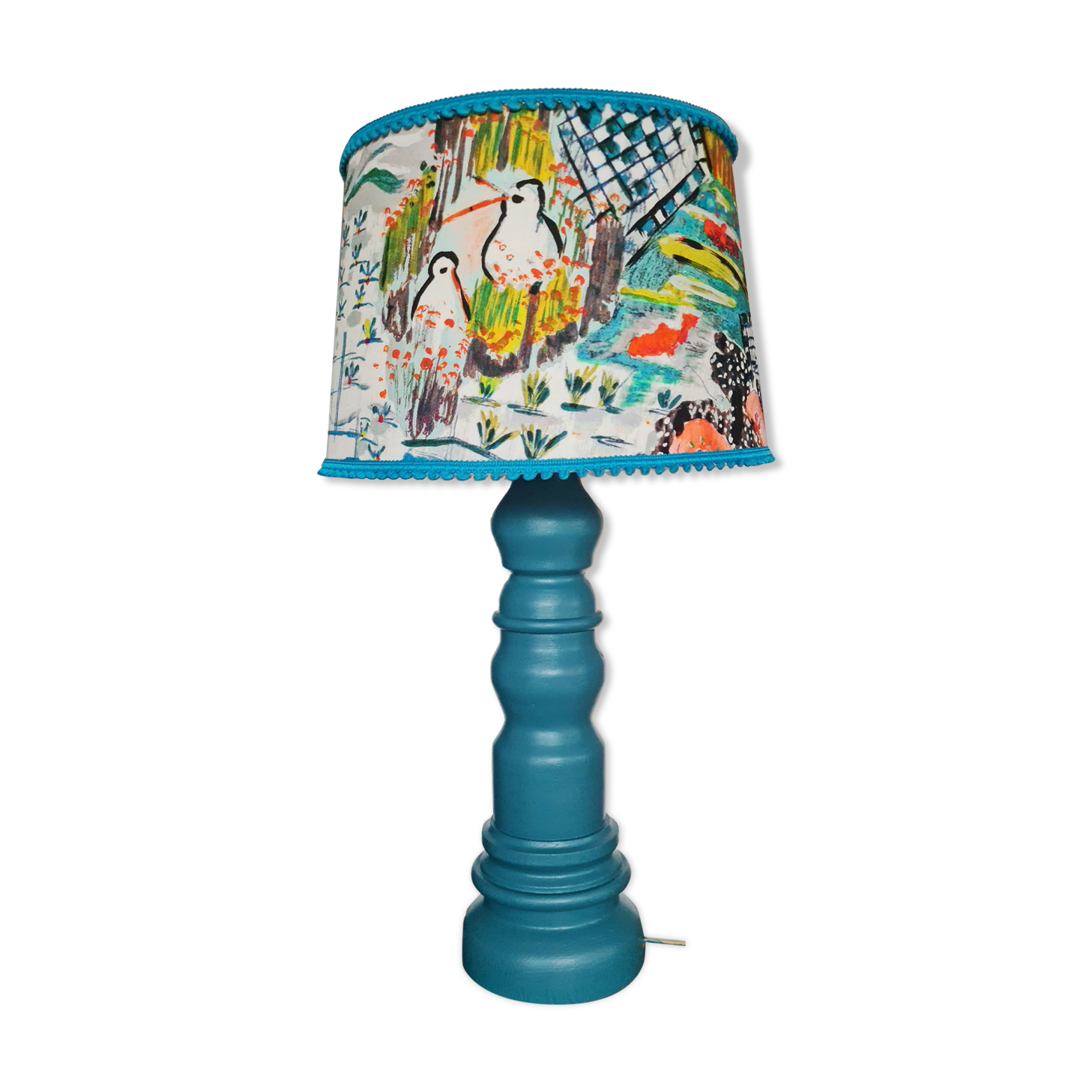 Foot table lamp made by cabinetmaker wood color blue duck abbat day fabrics creator