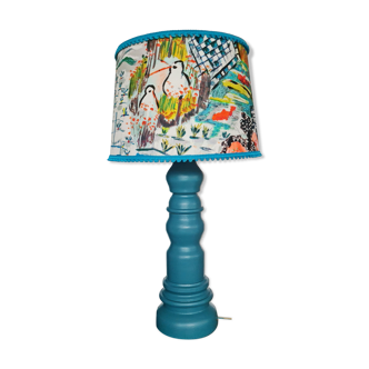 Foot table lamp made by cabinetmaker wood color blue duck abbat day fabrics creator
