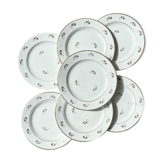 7 l'amandinoise flat plates in golden white porcelain floral pattern