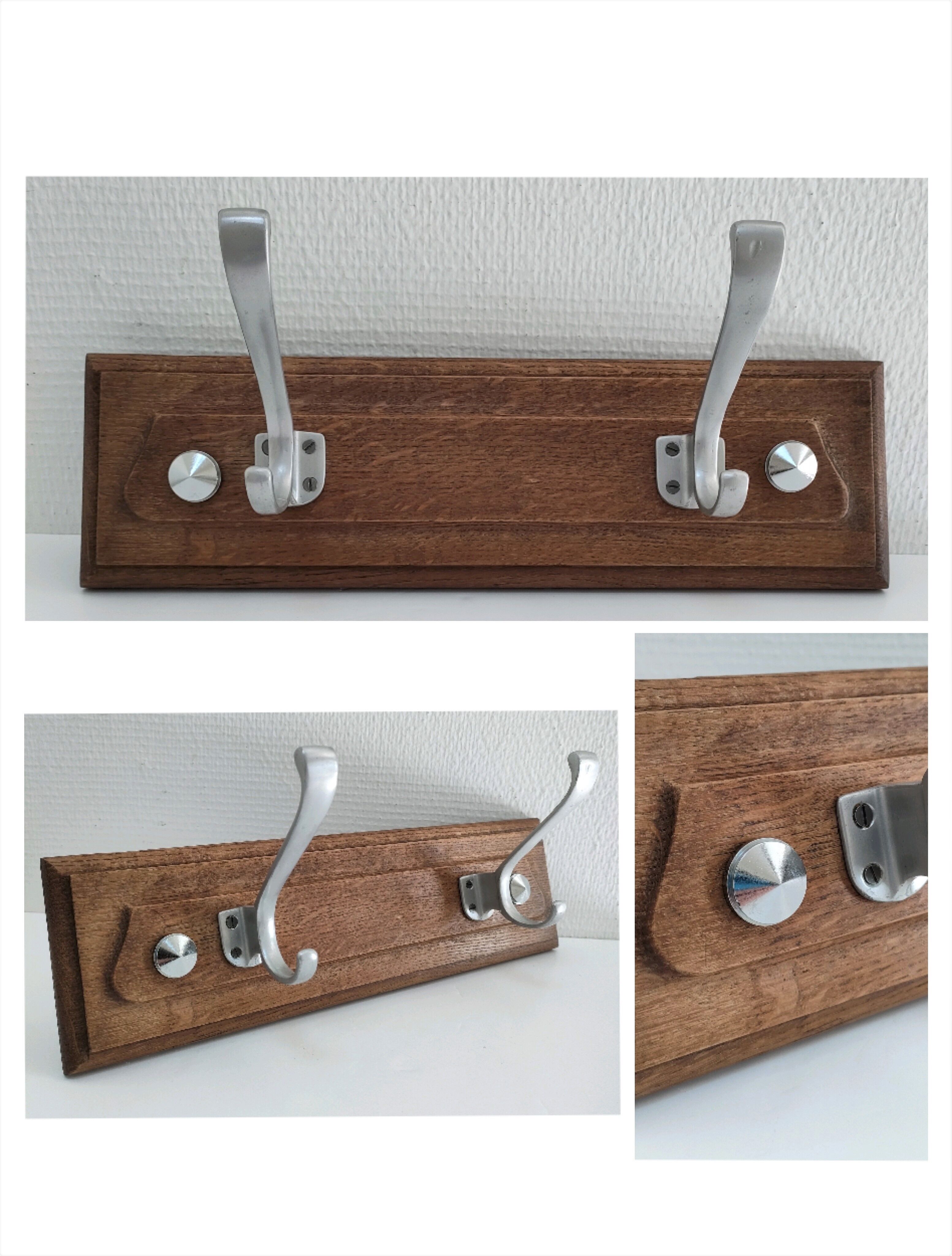 Patinated solid oak coat rack and vintage aluminum hooks