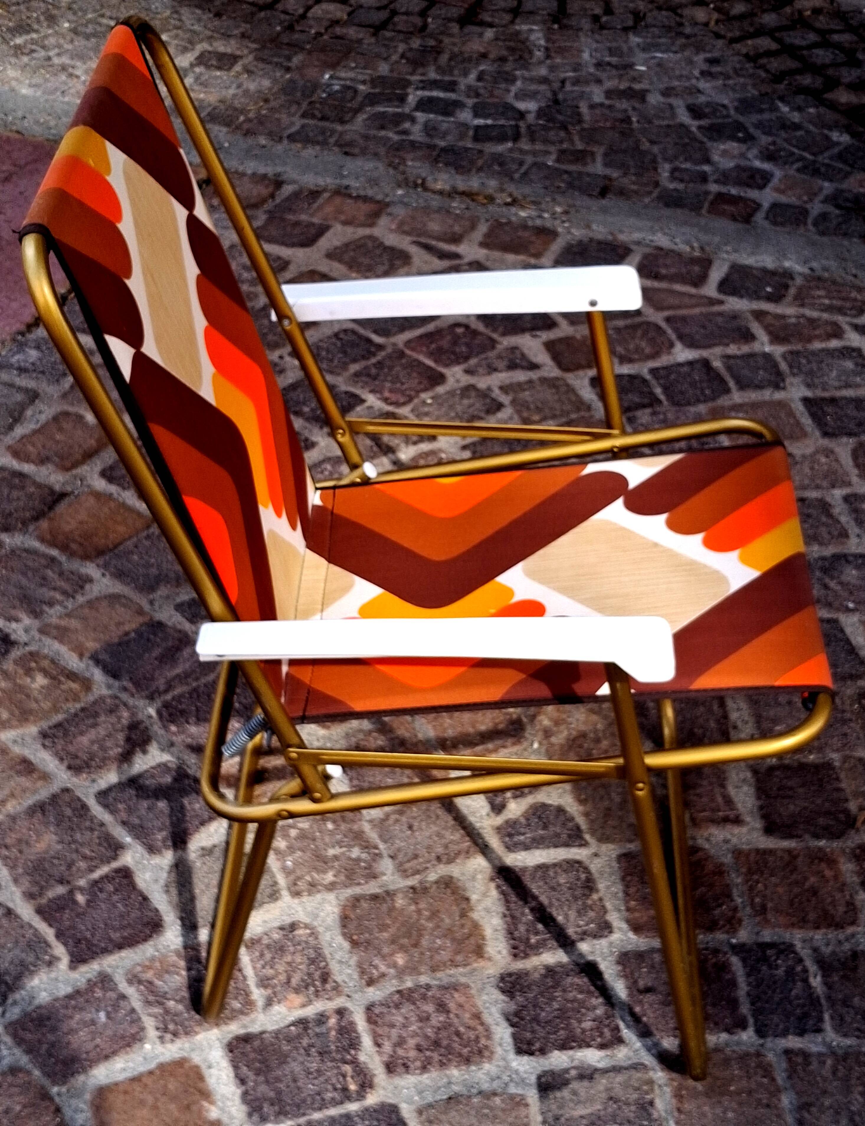 Pair of folding camping chairs, vintage seventies fabric, Lafuma