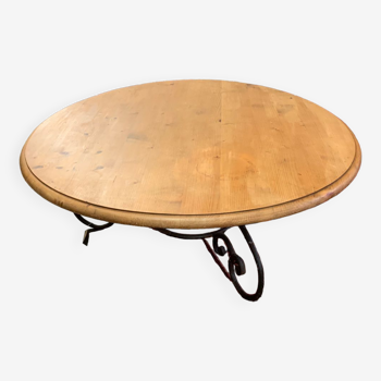 Round coffee table wood and wrought iron