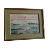 Tableau ancien , aquarelle " soleil couchant "