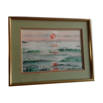 Tableau ancien , aquarelle " soleil couchant "