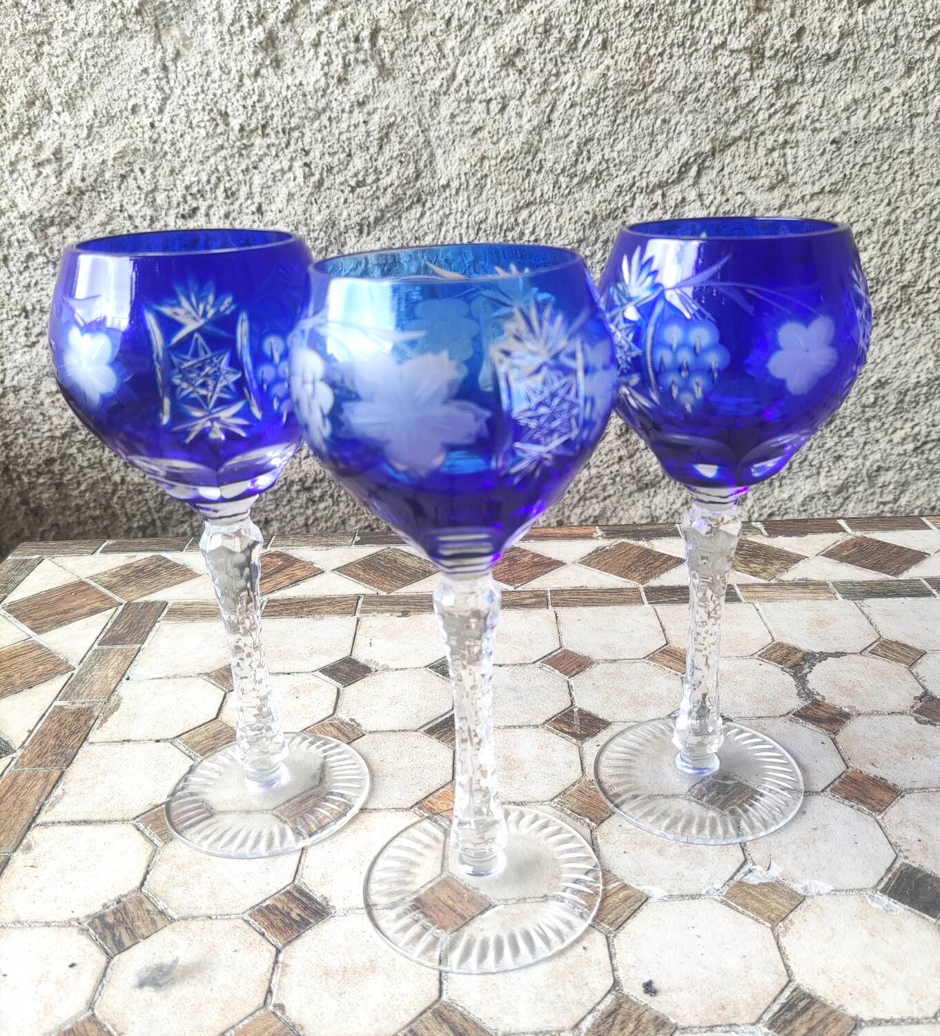 3 large cobalt blue cut crystal stemmed glasses