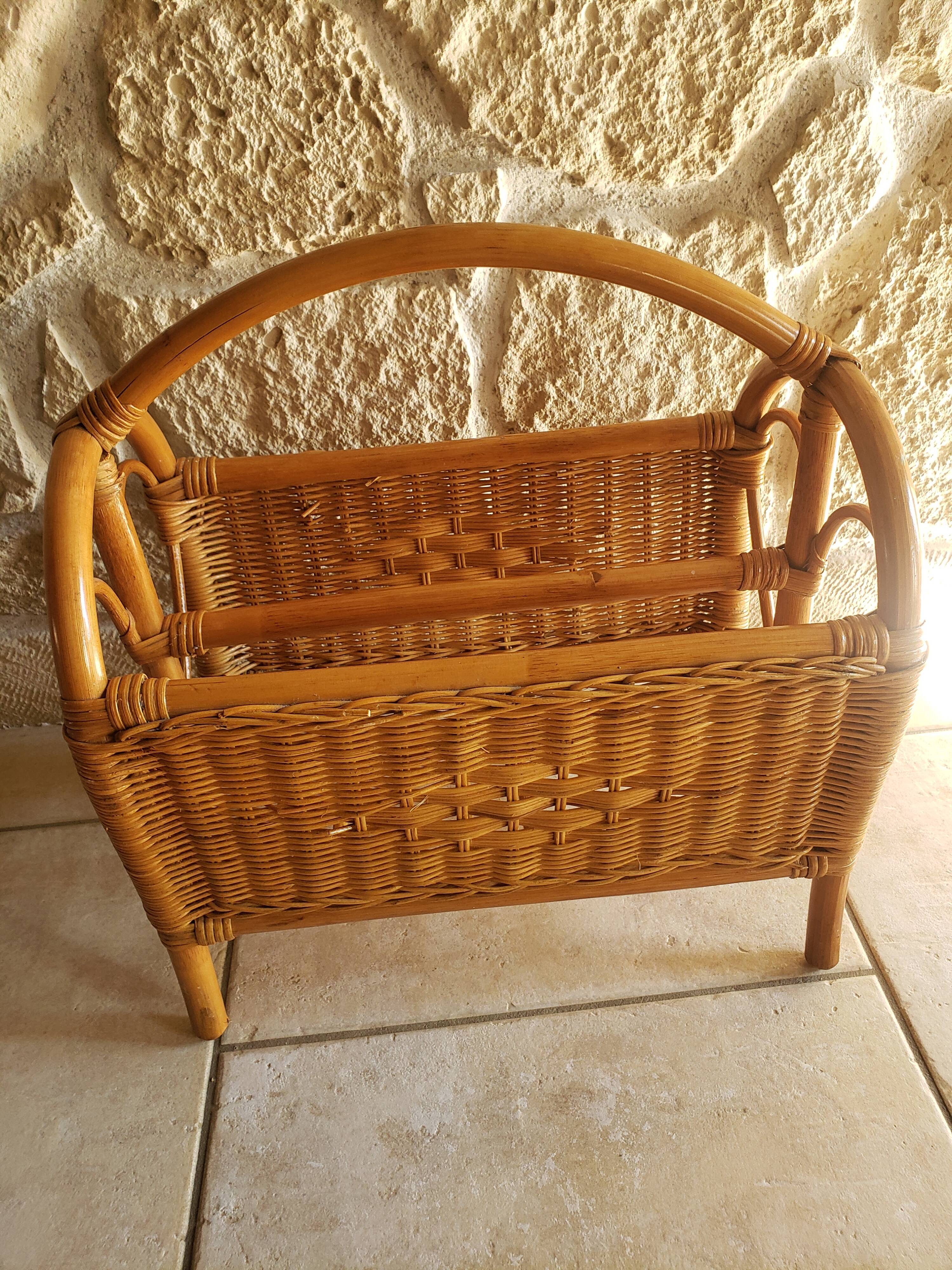 Vintage magazine holder in honey-colored rattan marrow