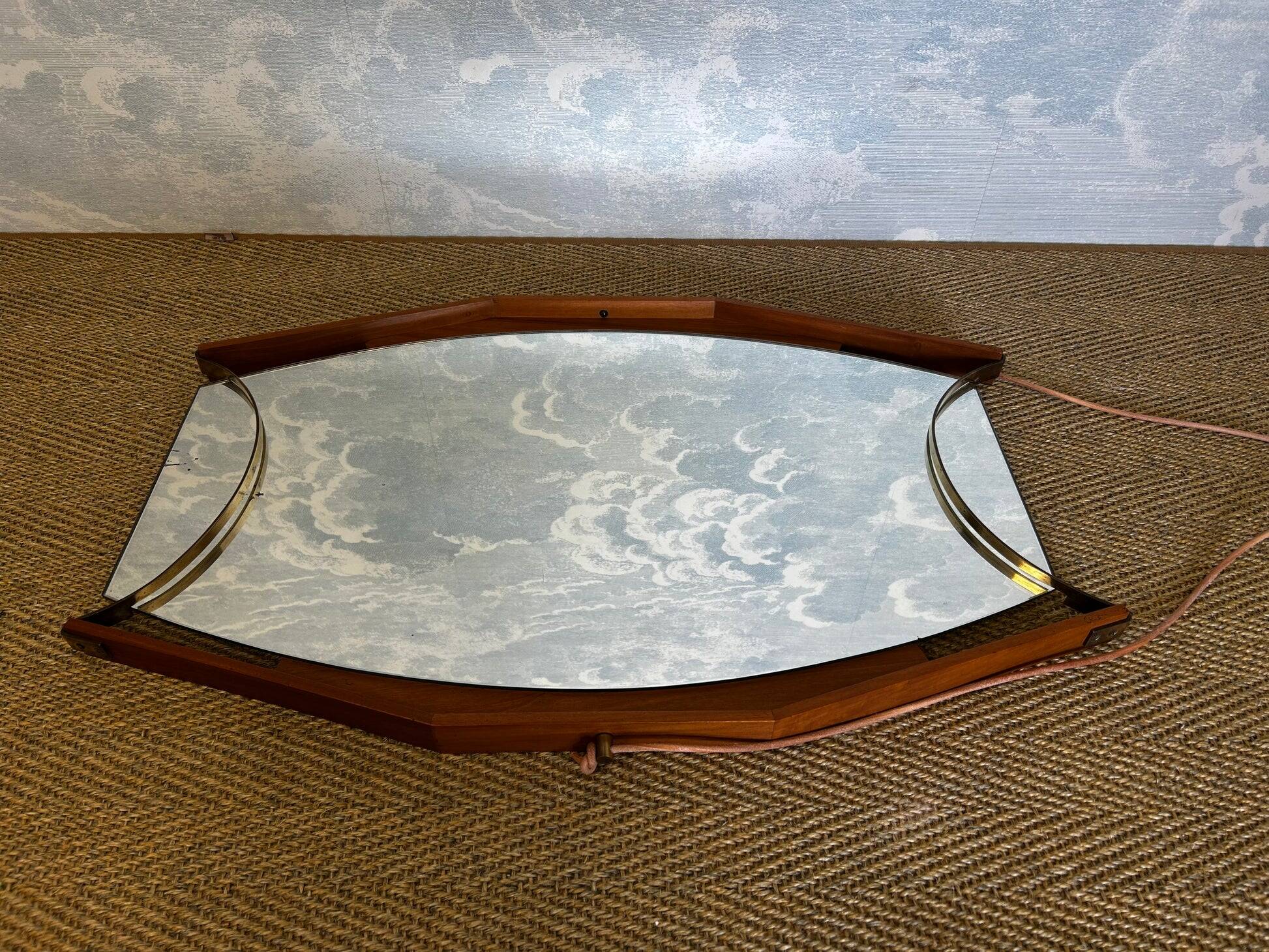 Wall mirror with brass detail and leather mounting, Vetreria Andreini, Ravenna, Italy, 1950s