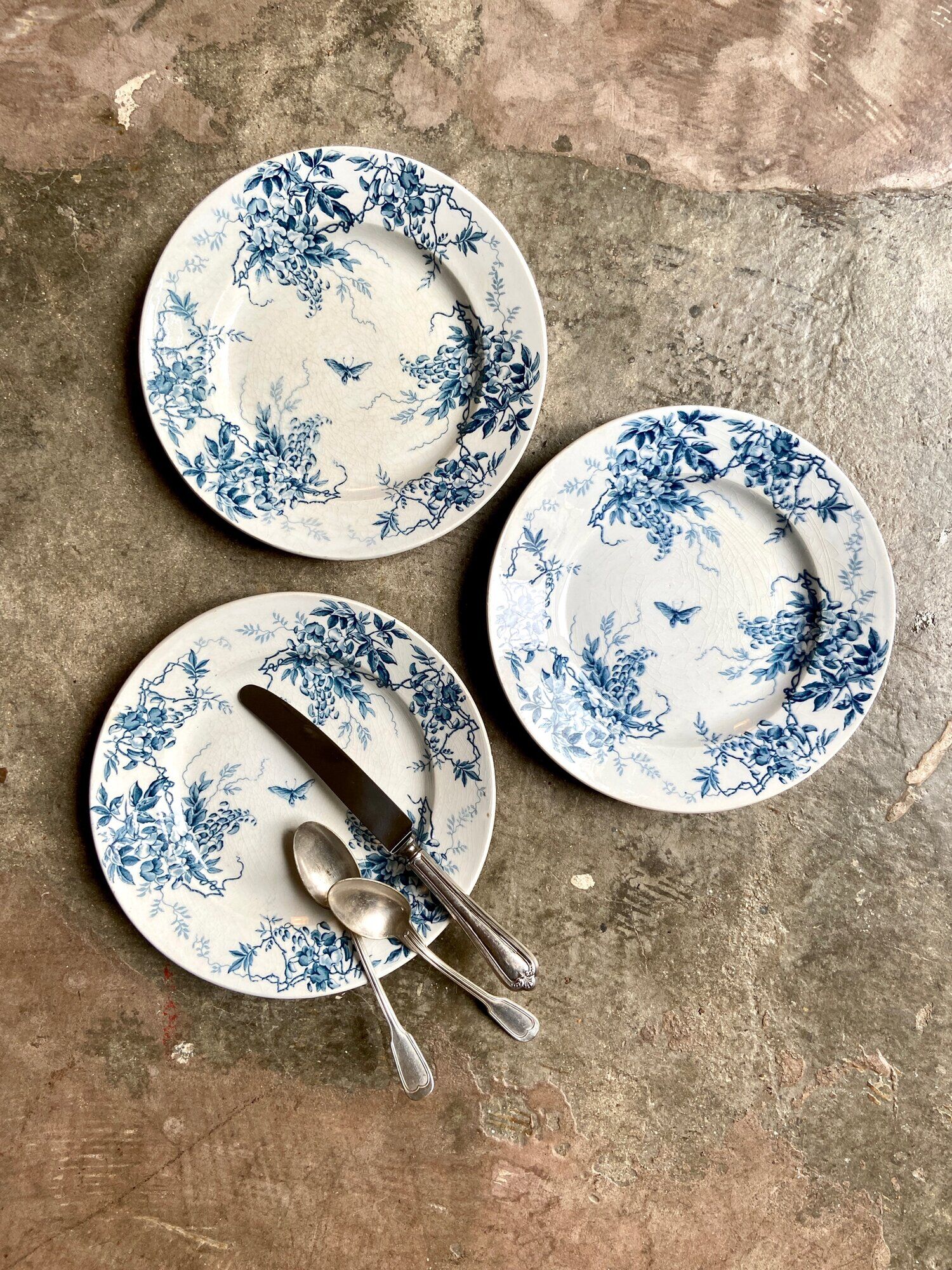 3 Gien dessert plates in iron earth, "Glycine" service around 1975