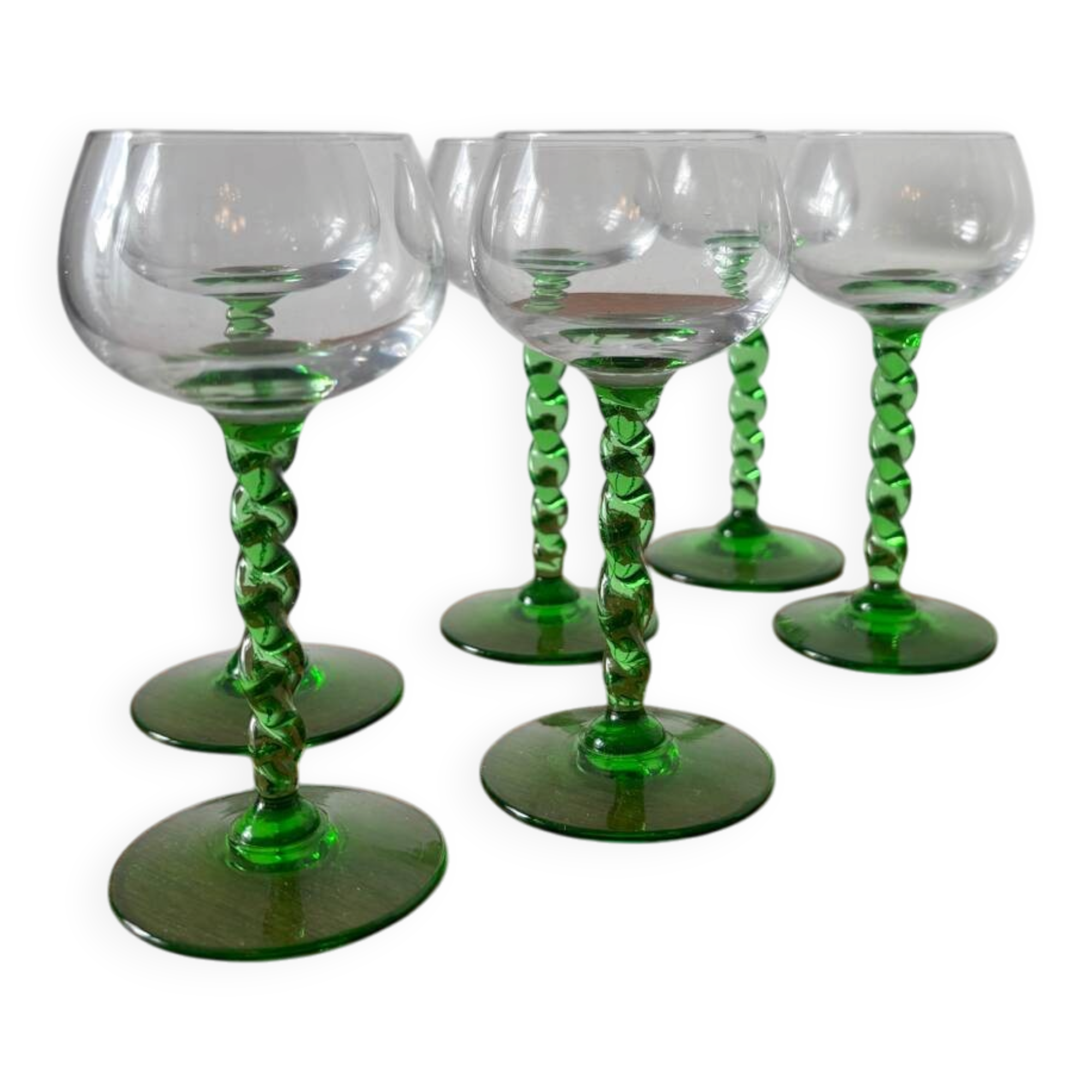 Set of green twisted stem white wine glasses – blown glass