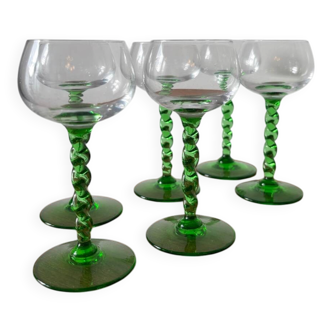 Set of green twisted stem white wine glasses – blown glass