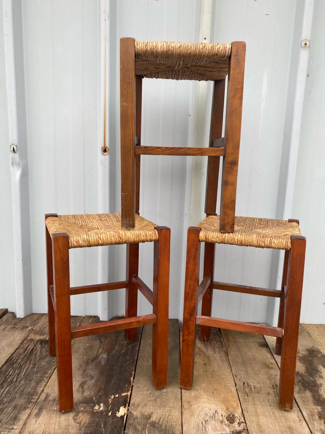 Série 3 Tabourets Anciens en Bois + Assise Paille Tressée Vintage