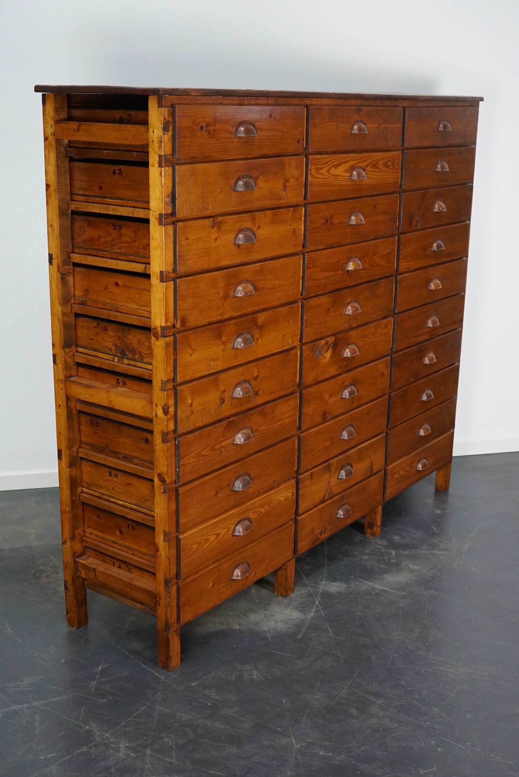 Dutch pine industrial apothecary cabinet, 1950s