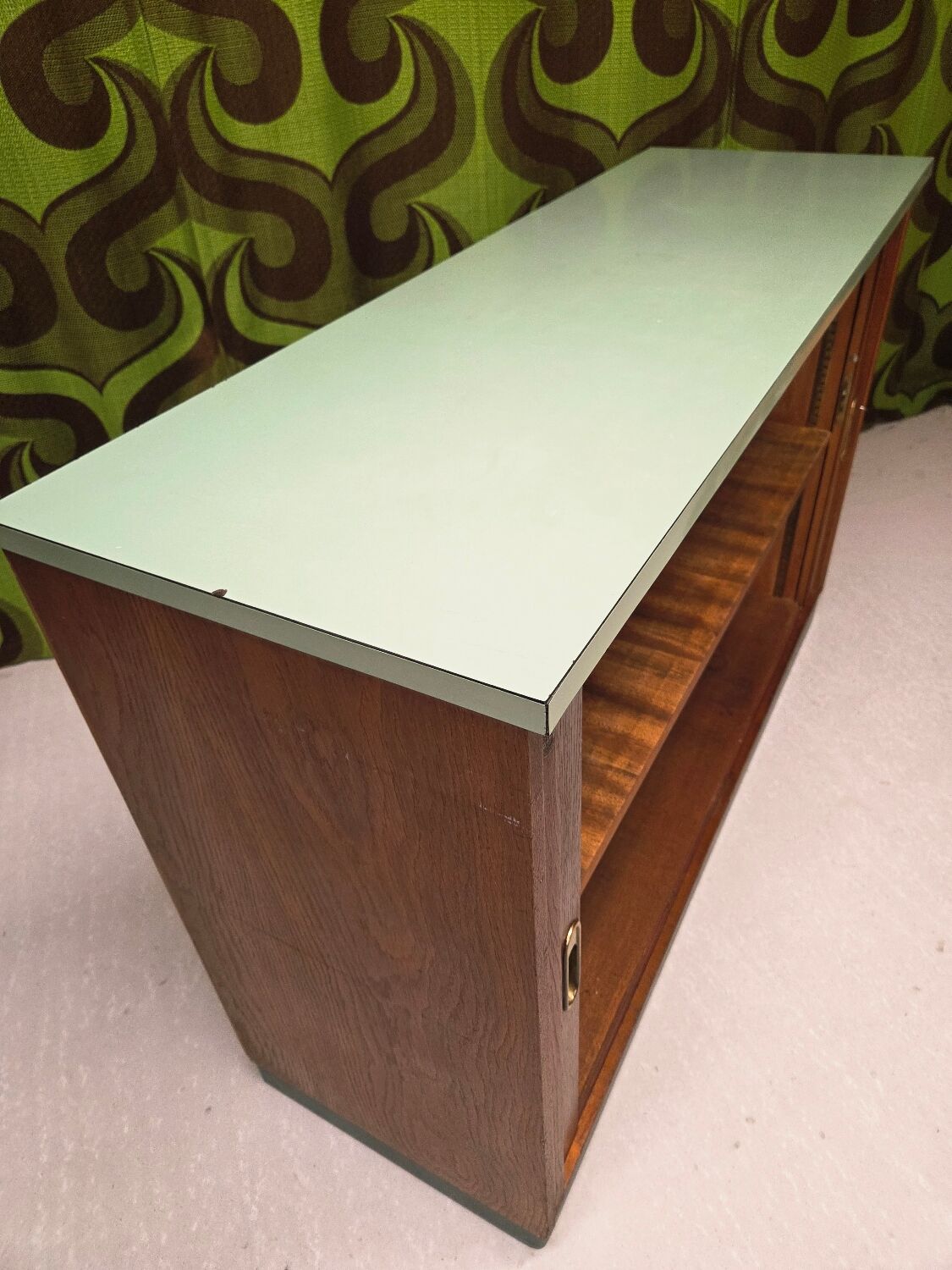 Meuble rideau rangement chêne 1960