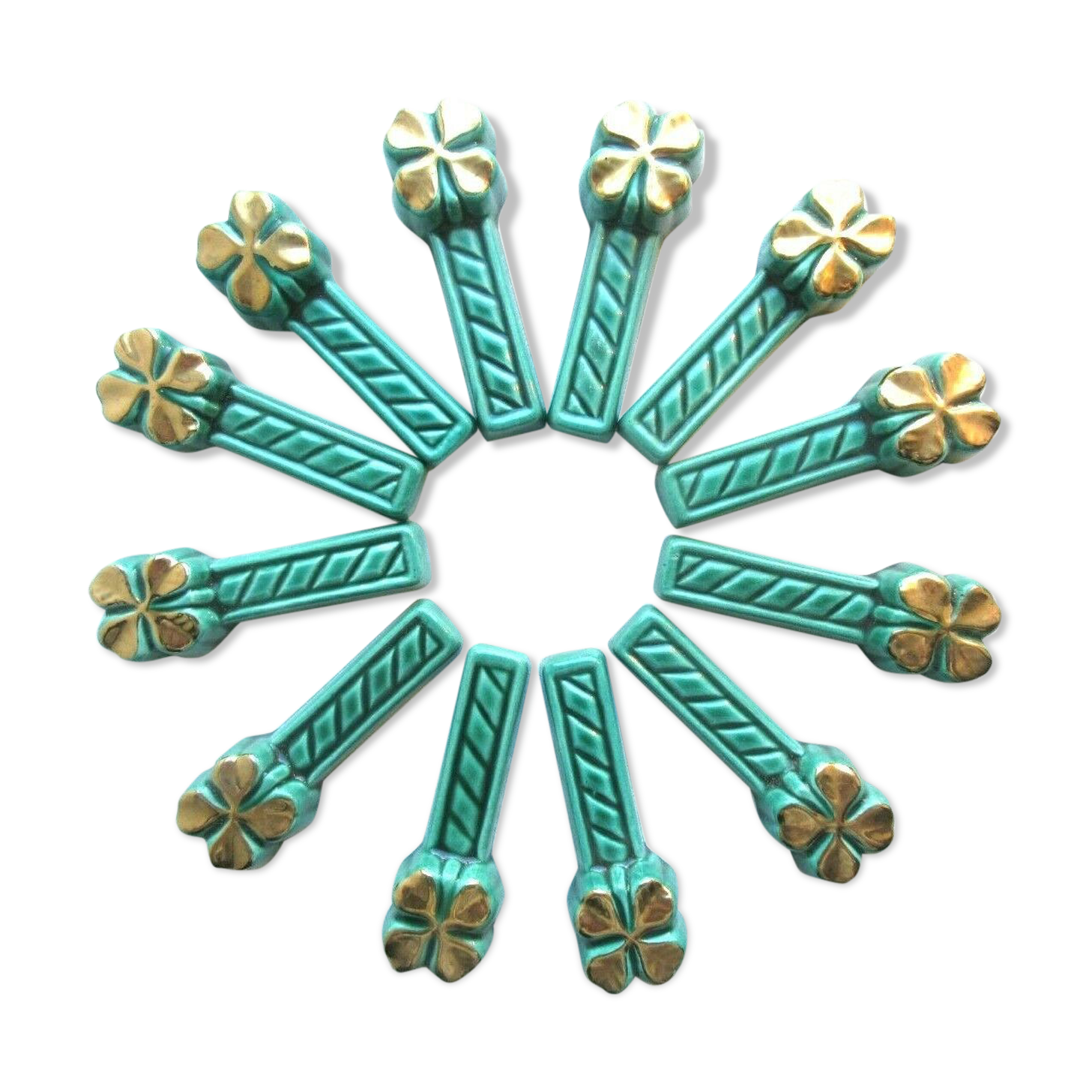 Set of knife holders, 12 art-deco knife rests, 4-leaf clover gold
