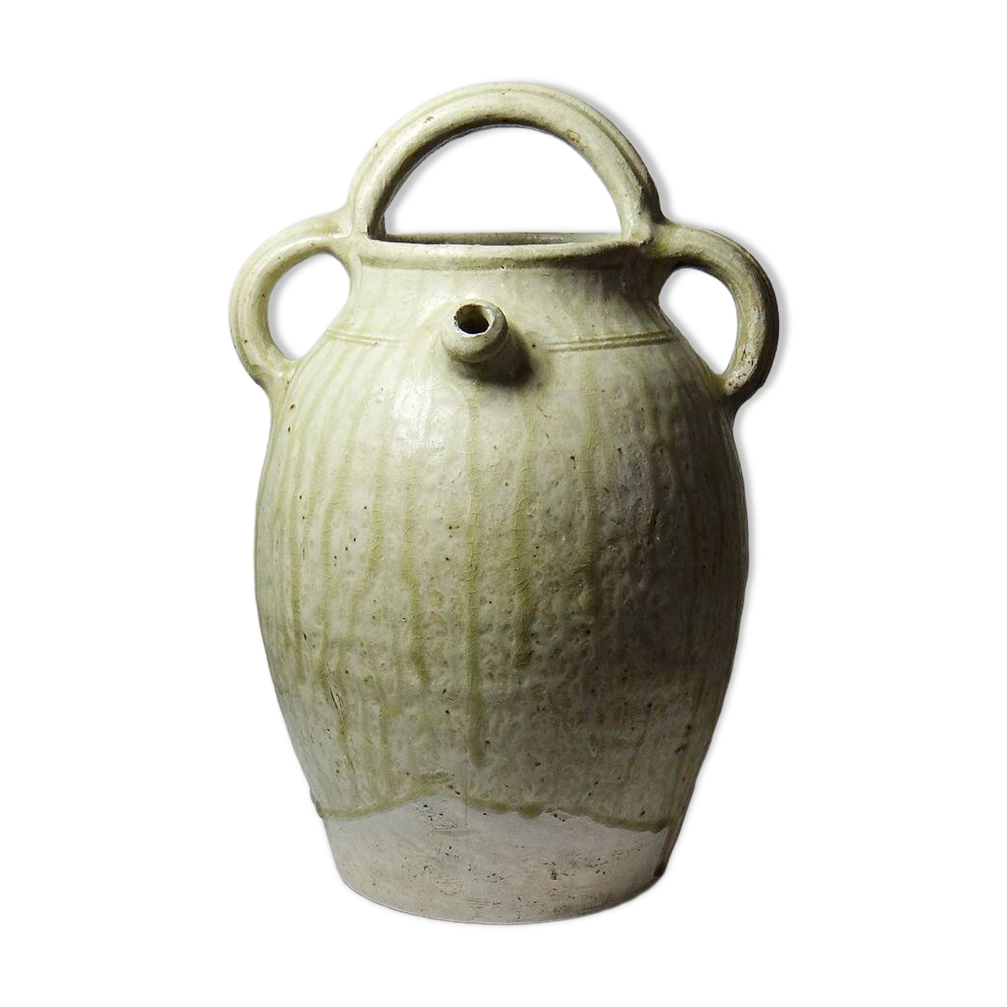 Green ash-glazed stoneware casserole from Puisaye, late 19th to early 20th century.