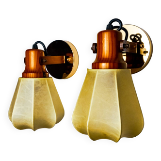 Pair of articulated "Cocoon" wall lights in resin and pine, Italy, 1970