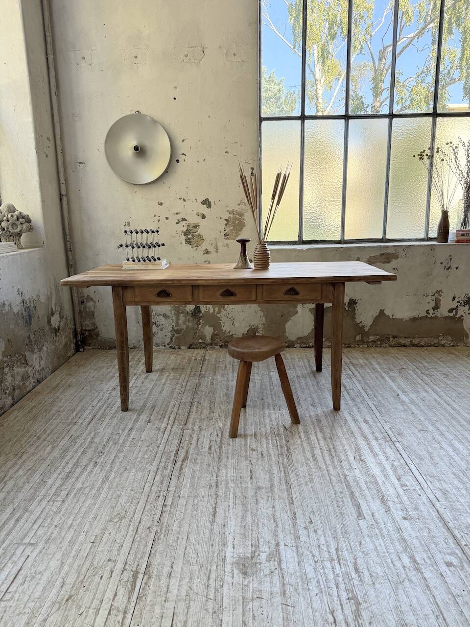 1950s pine and oak farmhouse table with multiple drawers