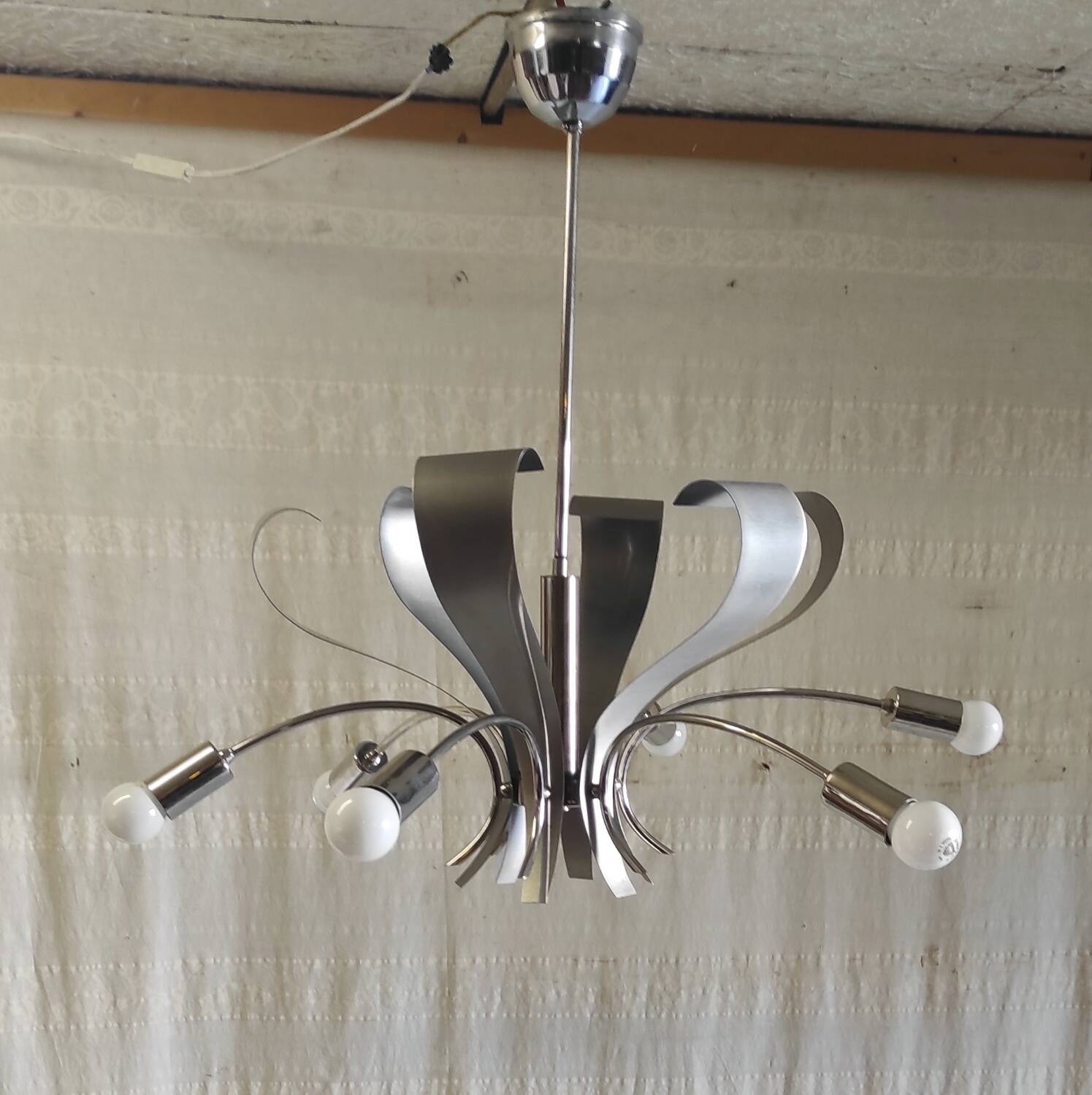 Space-Age chandelier with 6 lights in chrome and brushed metal - 1970s