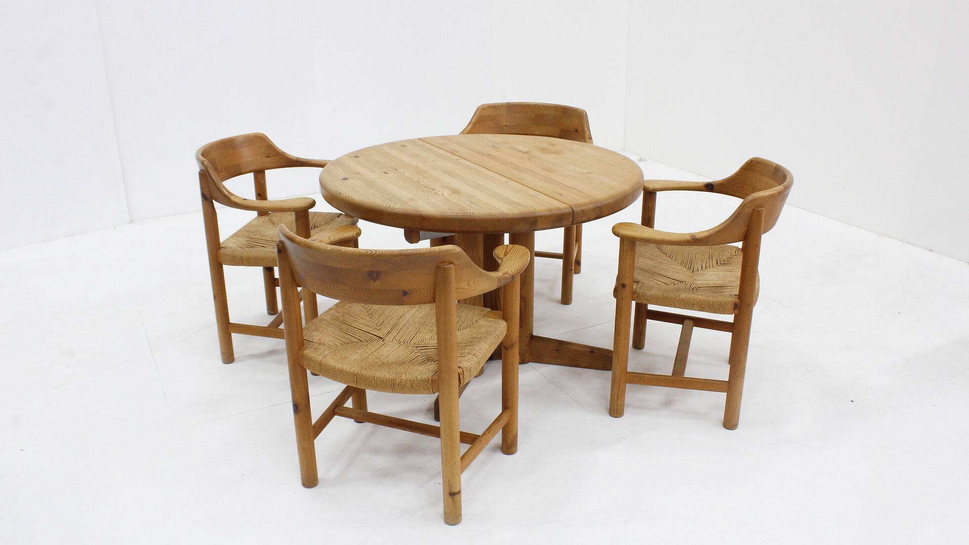 Set vintage dining table and dining chairs pine wood papercord