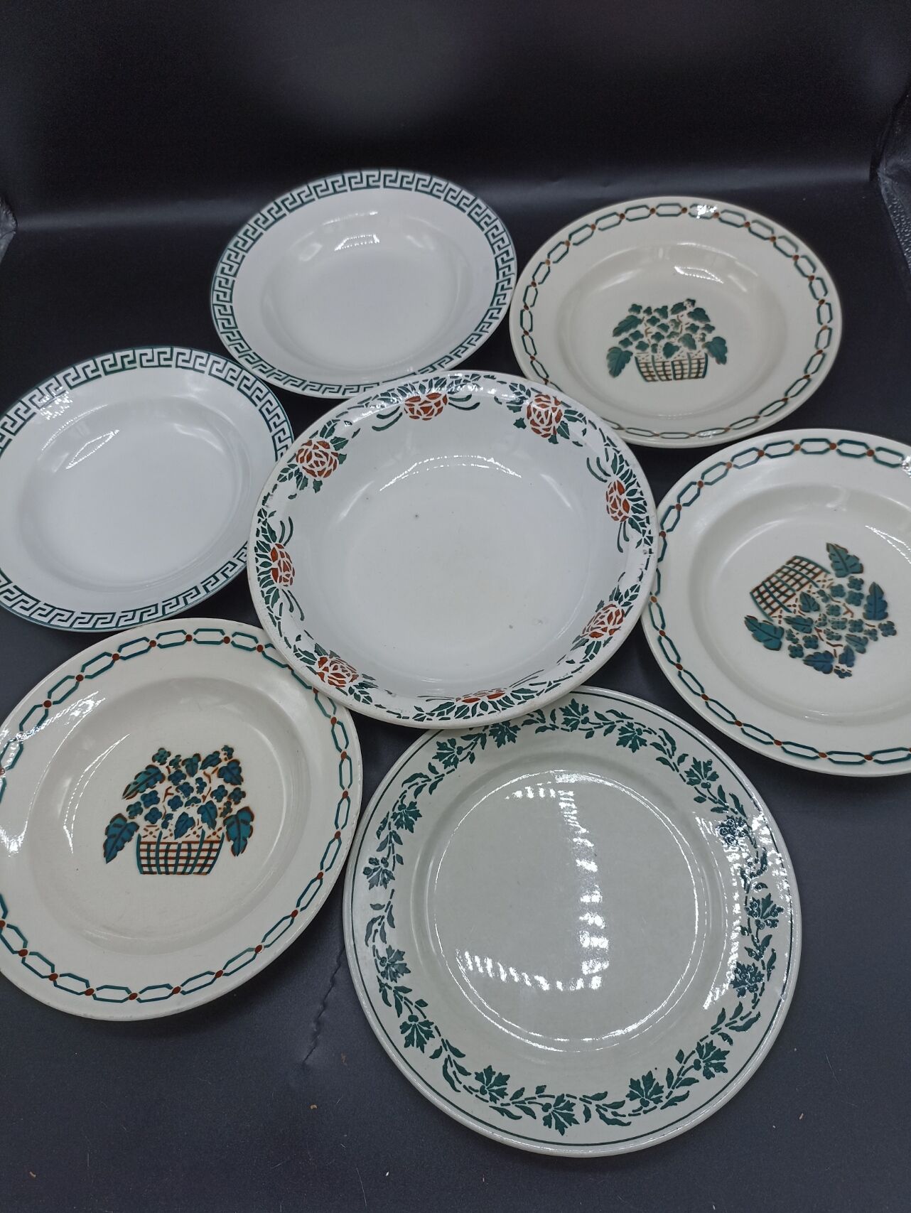 Mismatched set of old plates + dish - Green