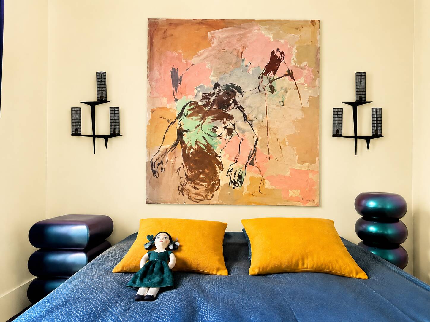 Pair of sculpted lacquered bronze wall lights, Arlus